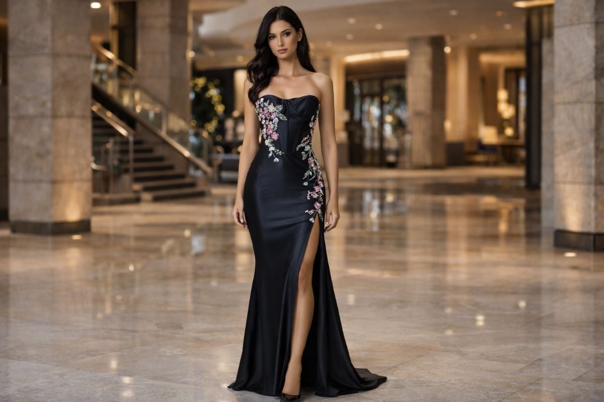 Black satin strapless prom dress with floral embroidery and high slit