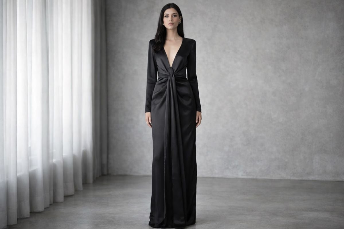 Black satin gown with draped waist detail