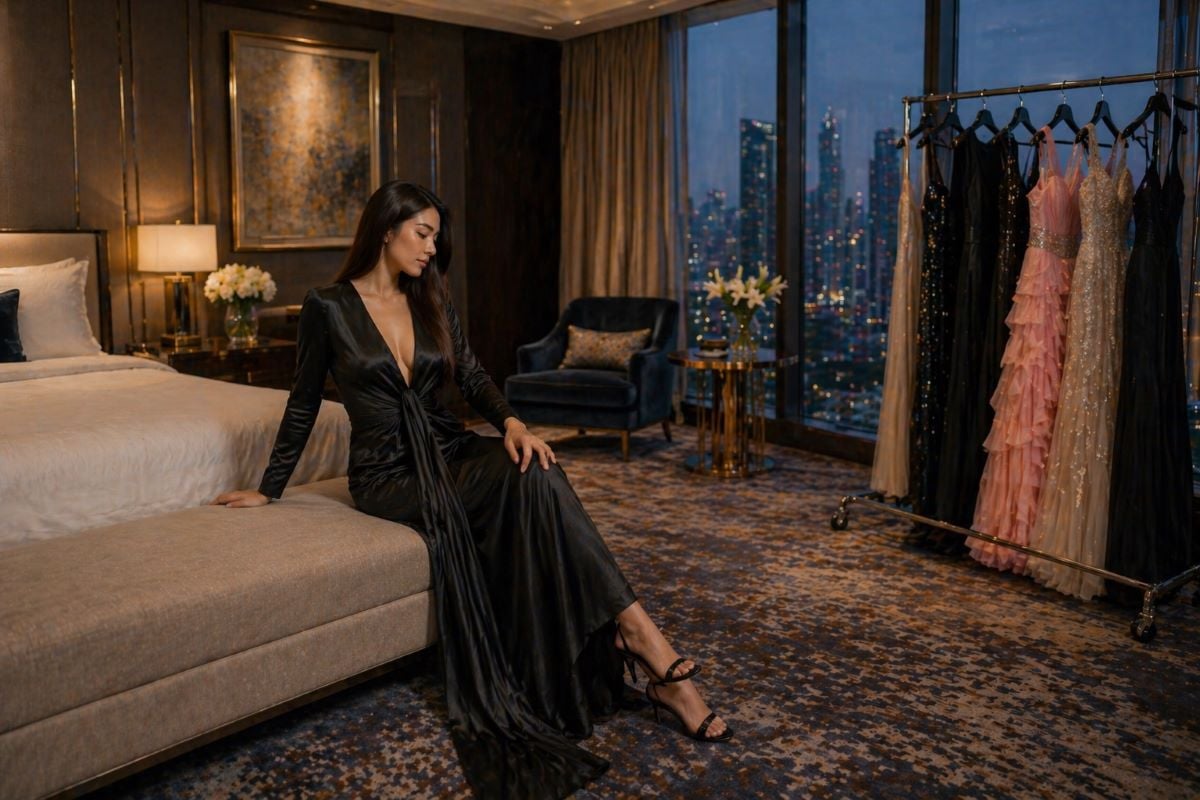 black satin gown packing dress on hotel bed
