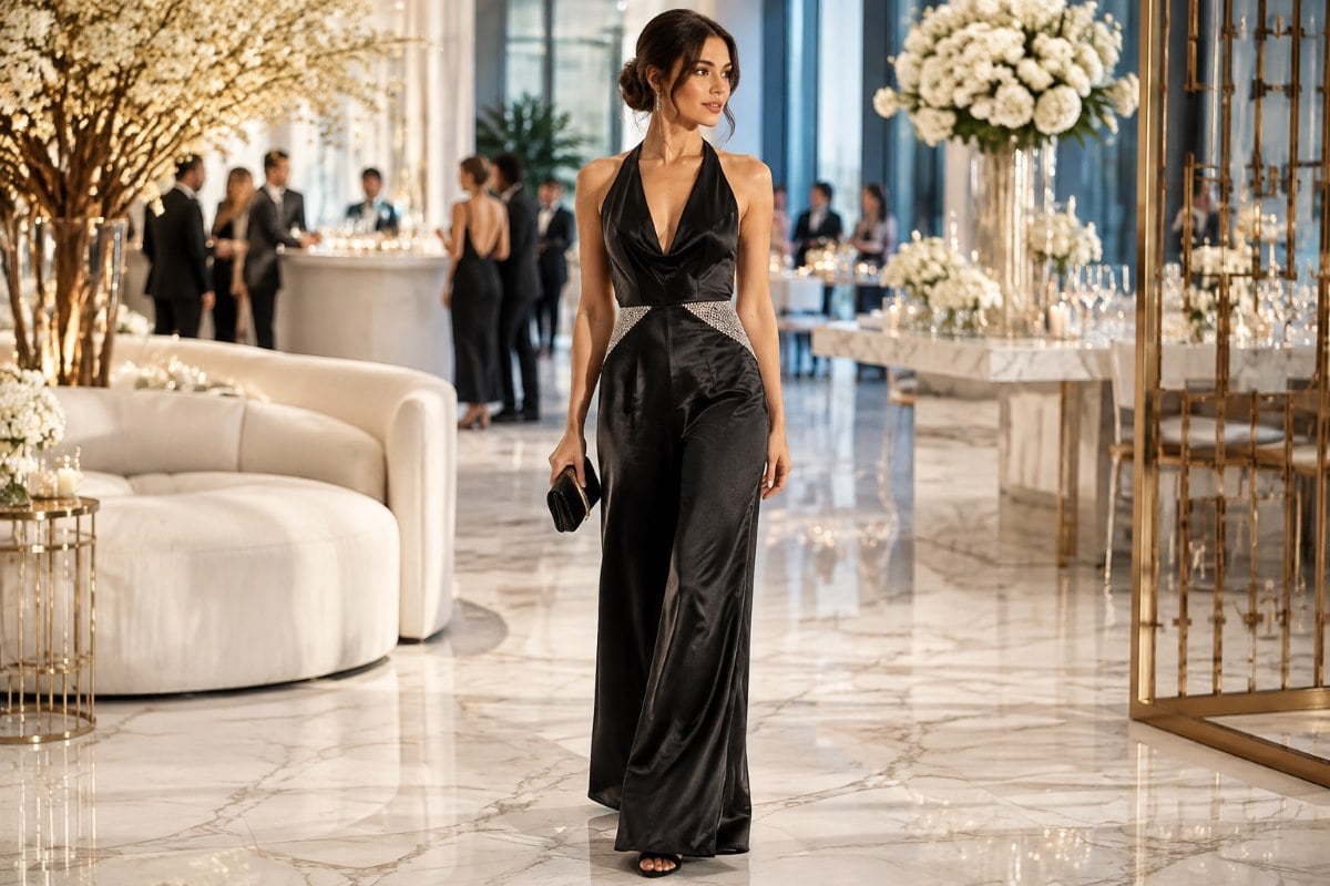 Black satin halter wedding jumpsuit style