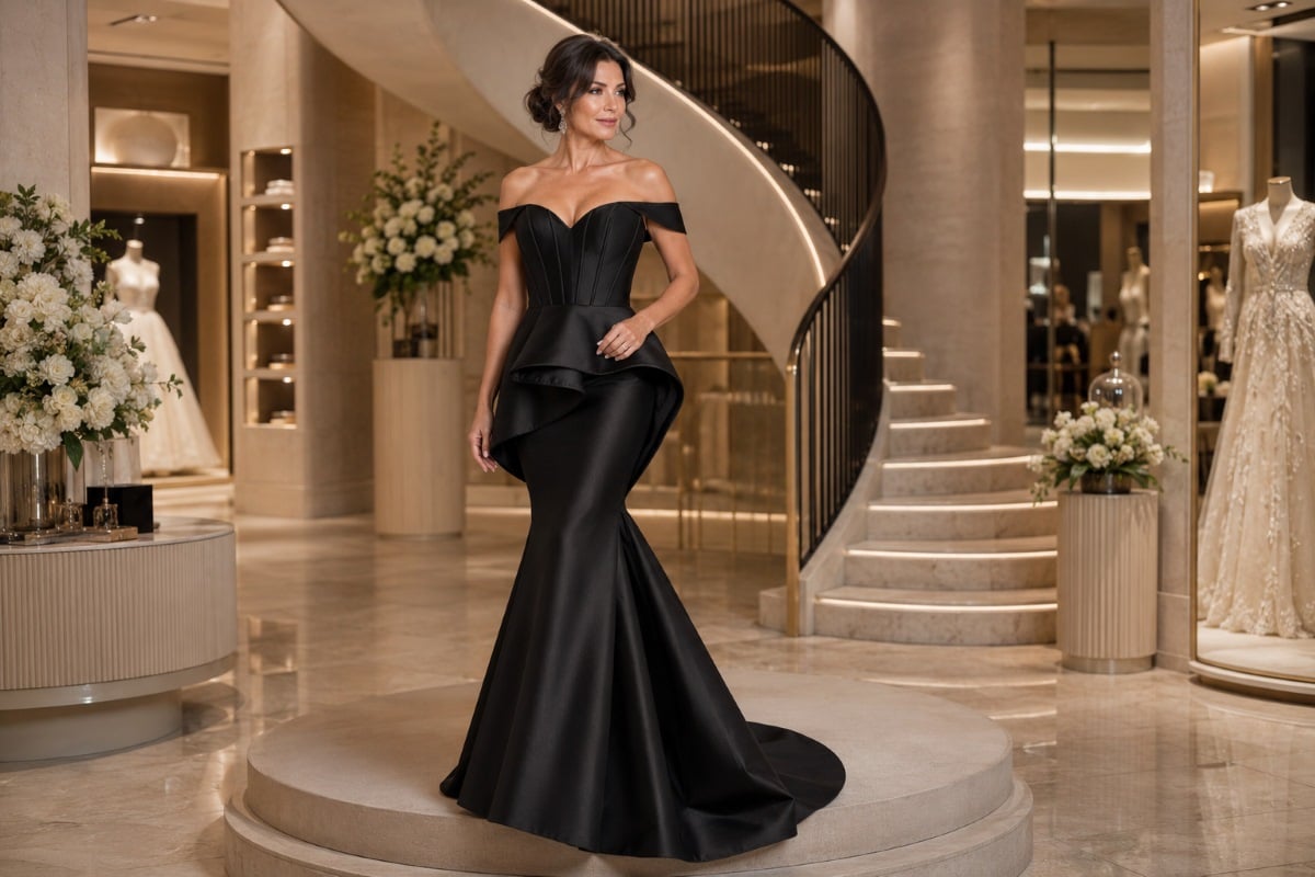 Black satin mermaid gown couture tailoring