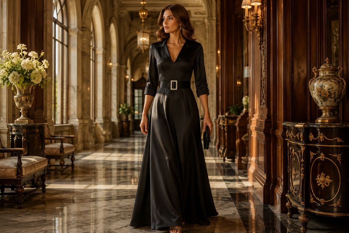 Black satin mother of the bride dress