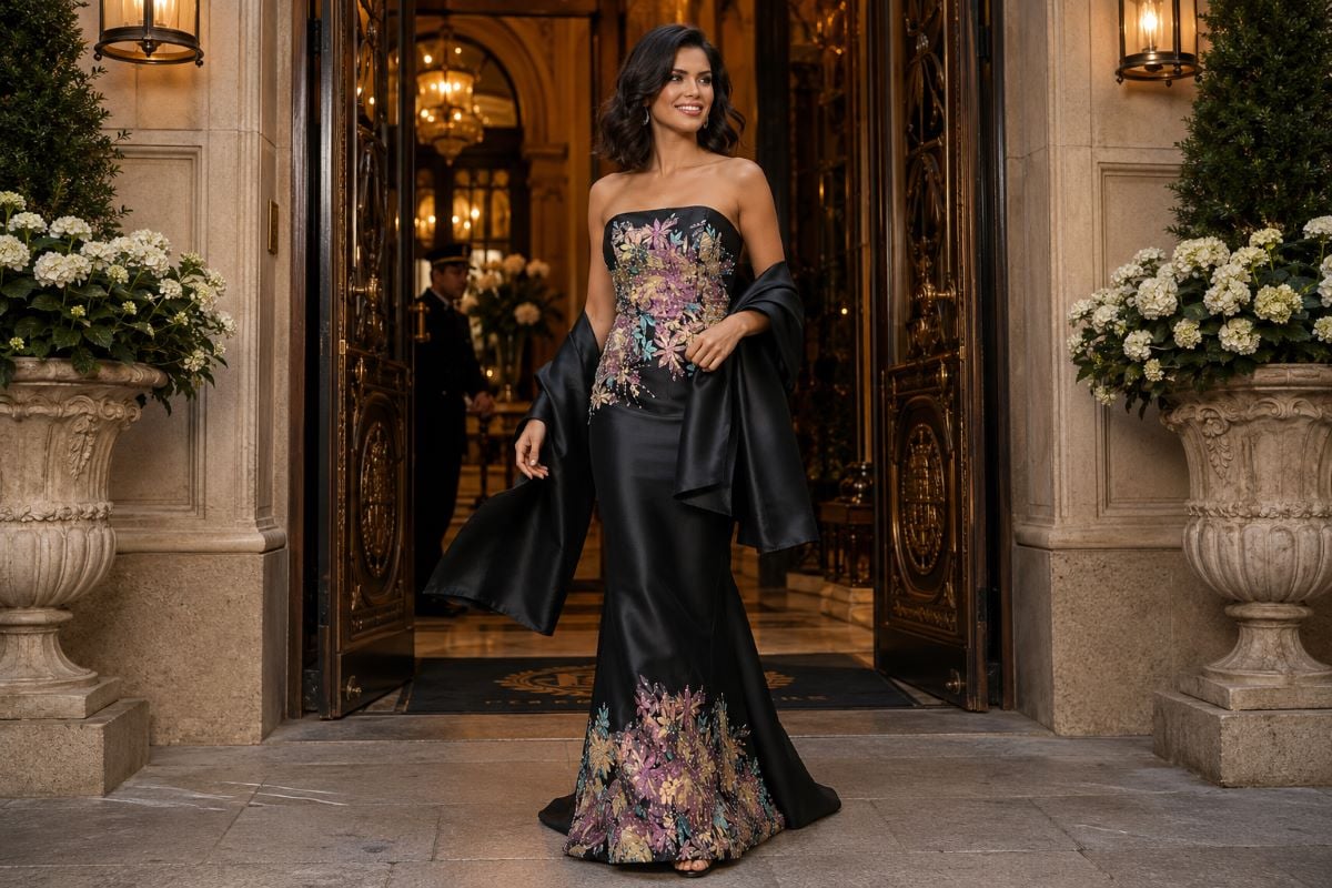 Black satin mother of the bride wrap
