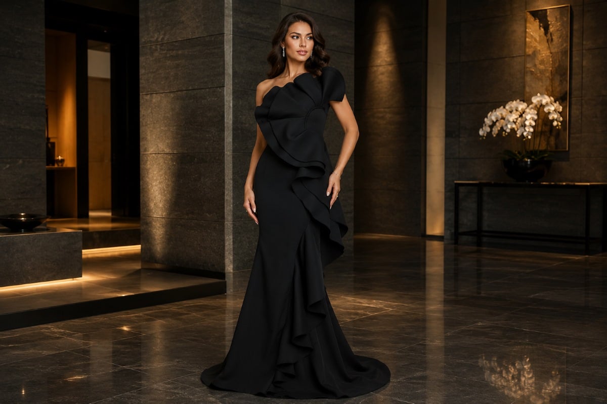 Black sculptural mother of the bride gown with cascading ruffle detail