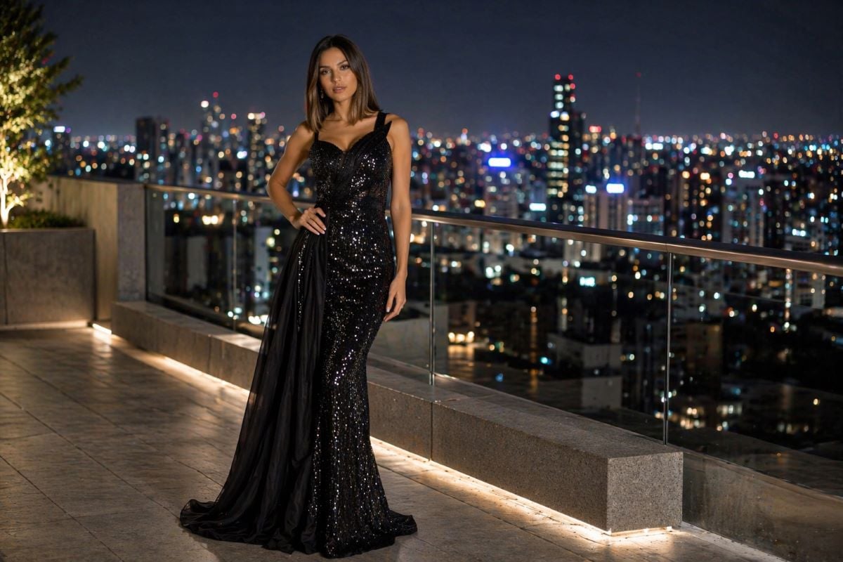 black sequin evening gown with draped panel