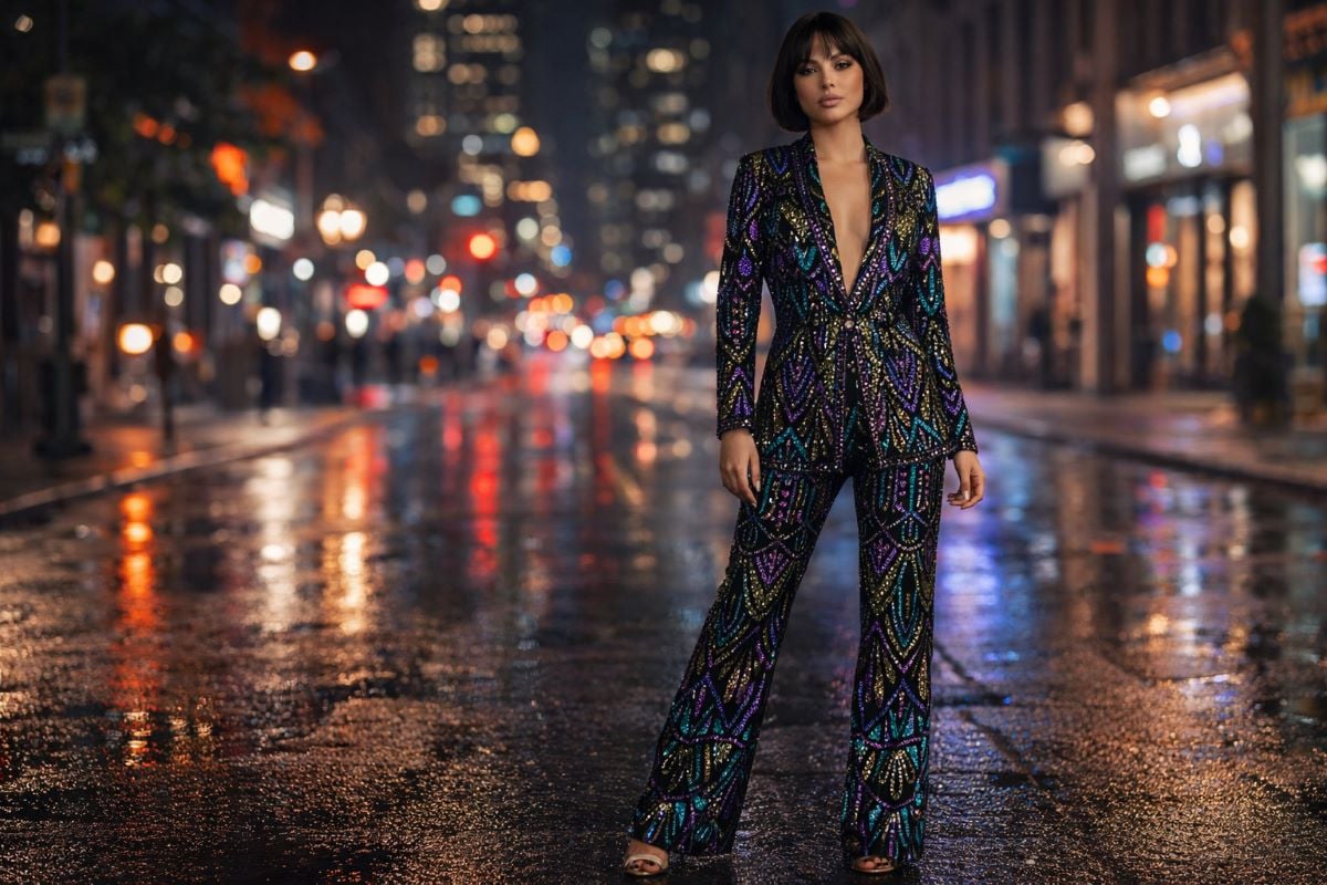 Black sequin women’s formal suit with geometric pattern