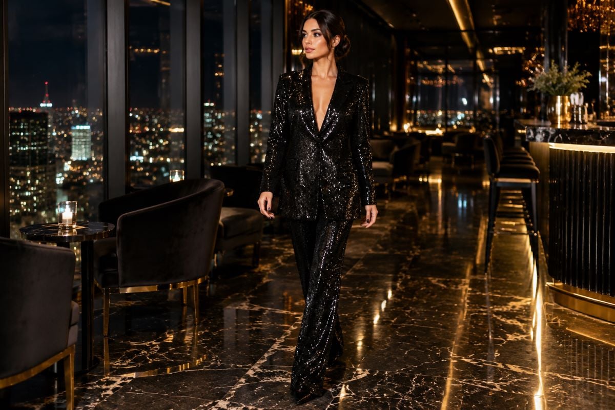 Black sequined pantsuit at rooftop bar