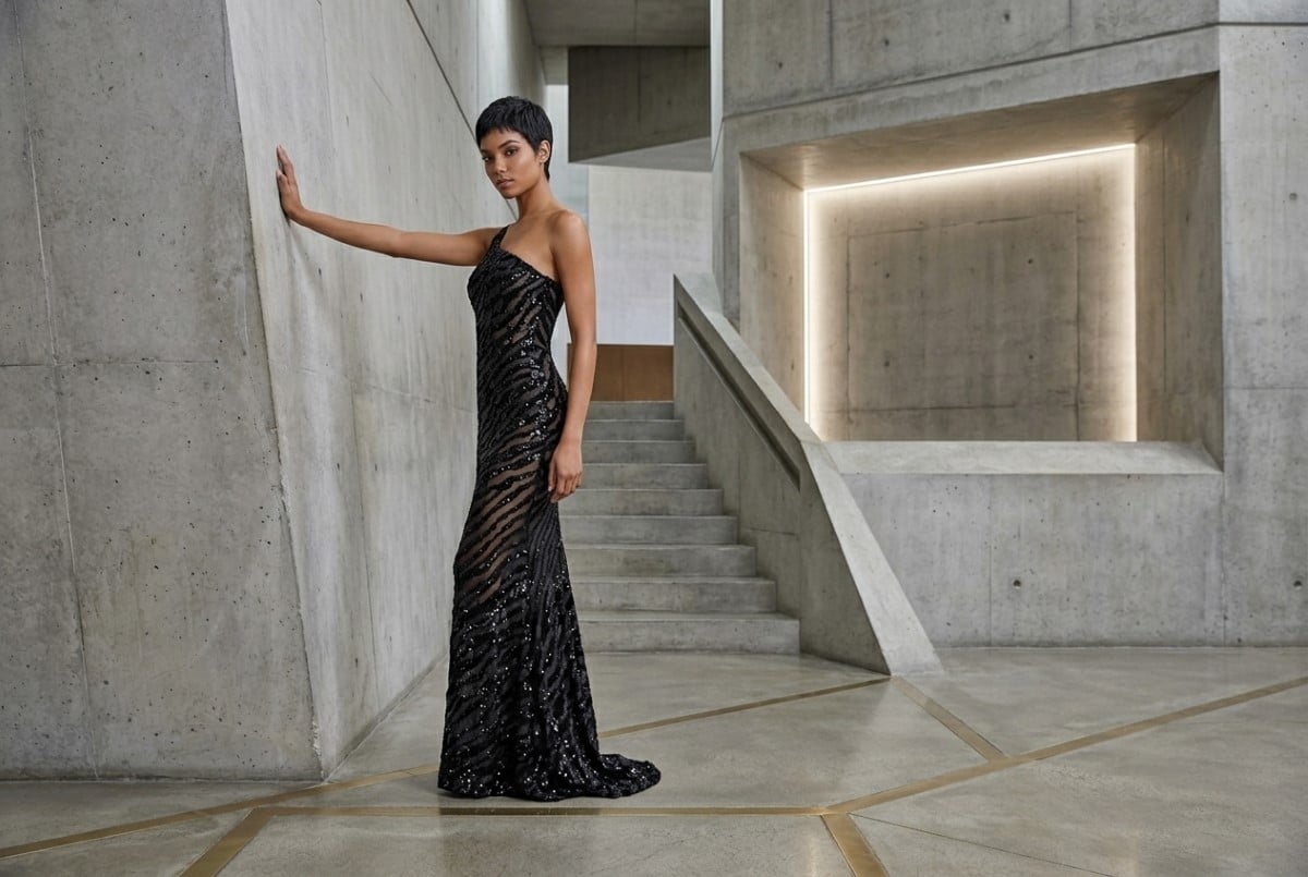 Black sheer panel column gown