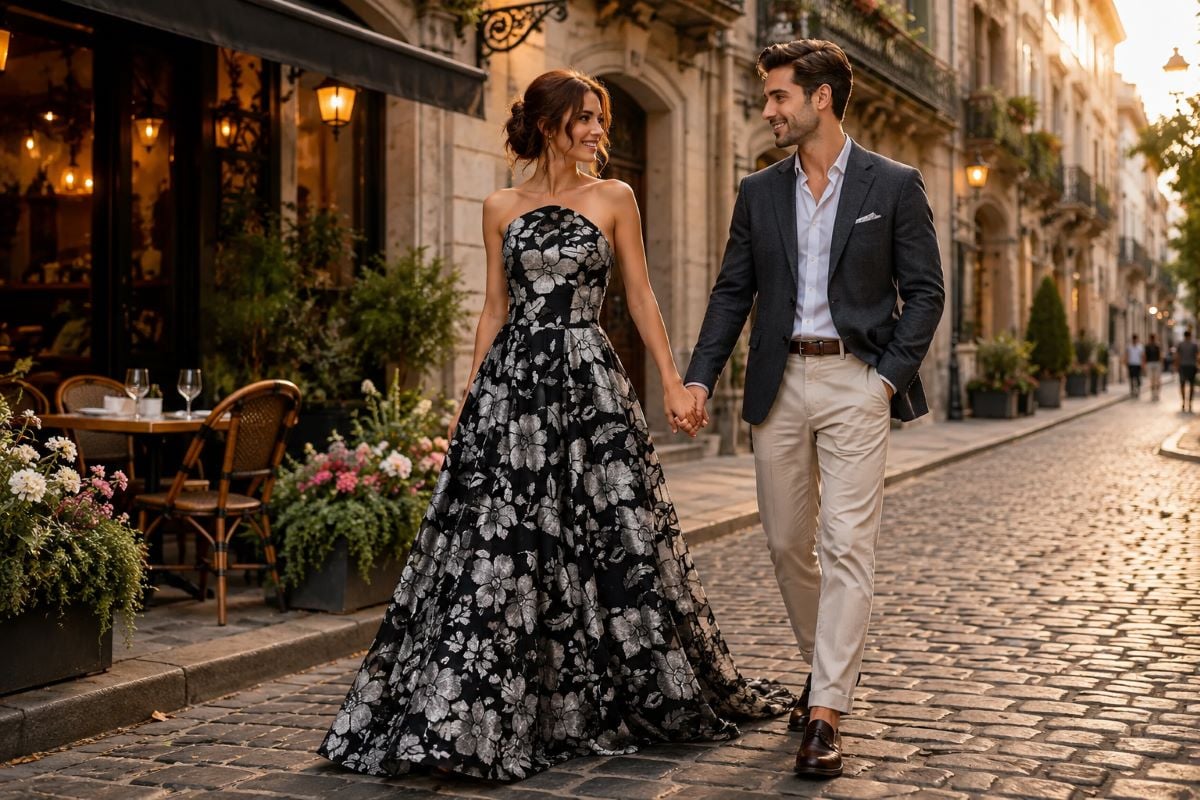 Black floral gown with stylish couple