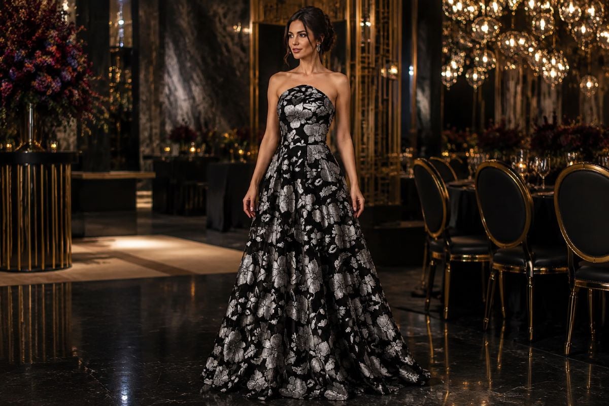 Black silver floral mother bride gown