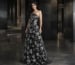 Black strapless satin gown with silver floral pattern