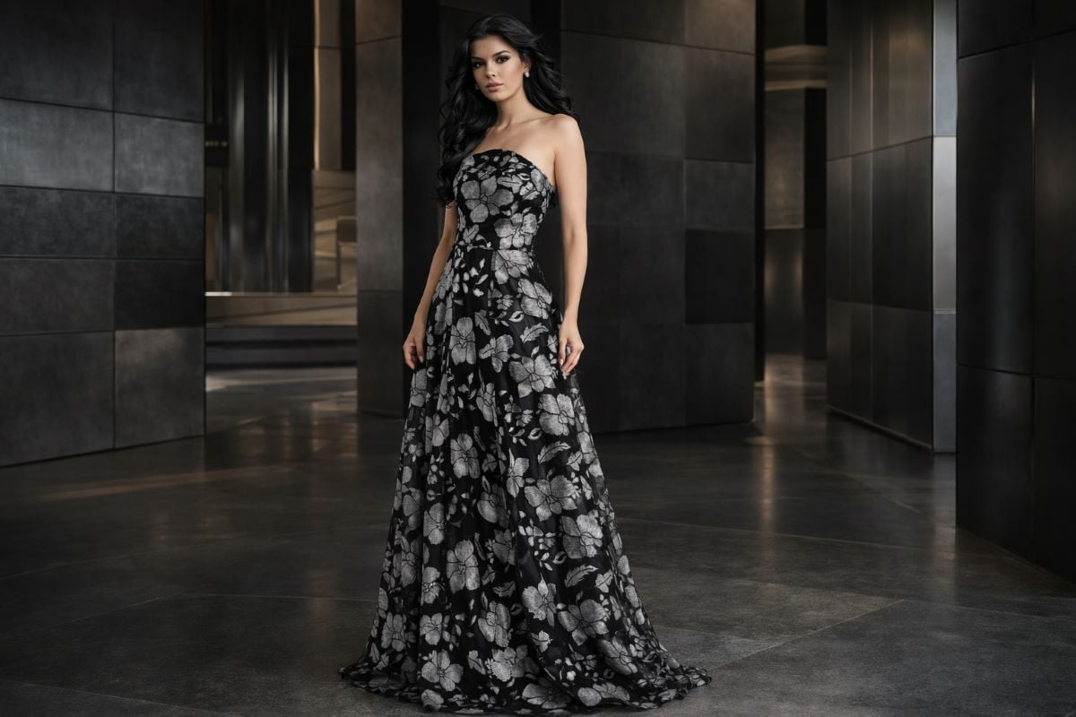 Black strapless satin gown with silver floral pattern