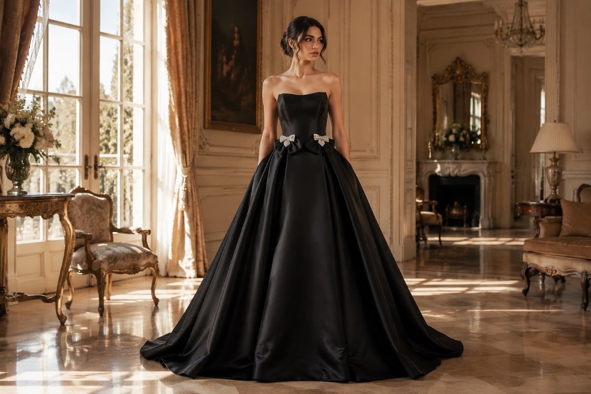 Black strapless A-line ball gown