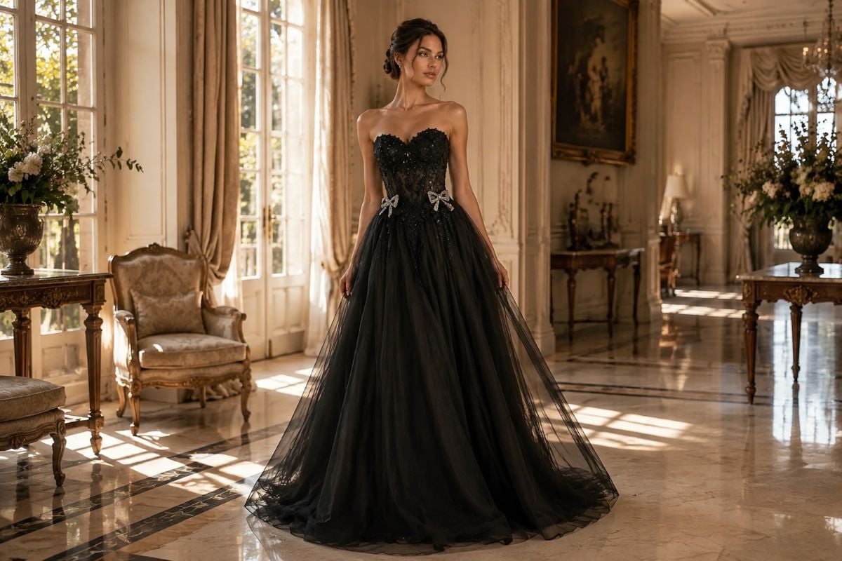 Black strapless A-line bow gown