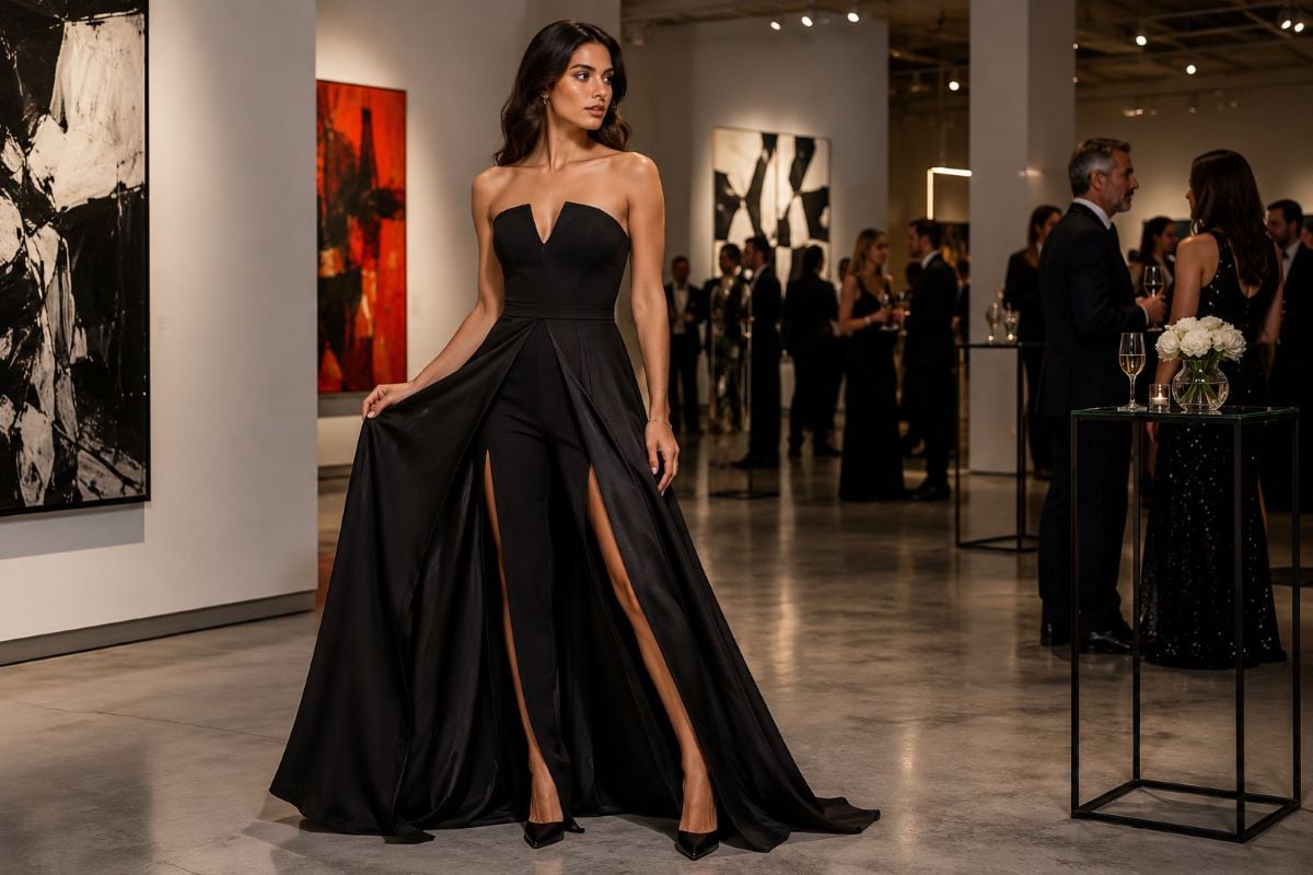 Black strapless cocktail jumpsuit with overskirt at art gallery event