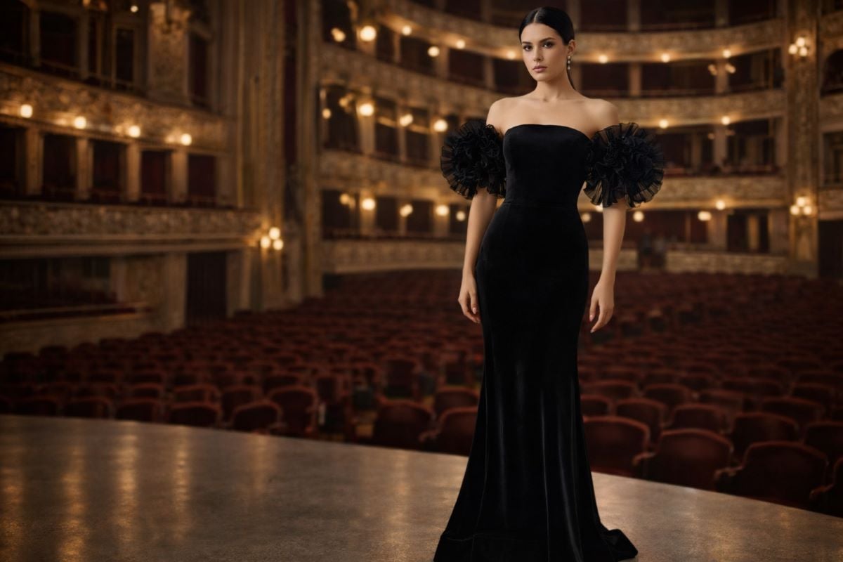 Black strapless evening gown with ruffled statement sleeves
