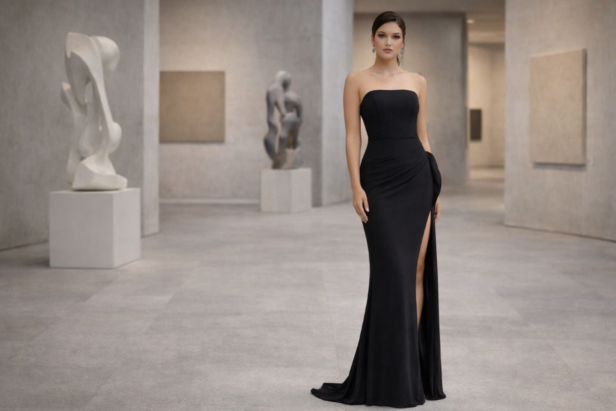 Black strapless evening gown with slit and draped detail