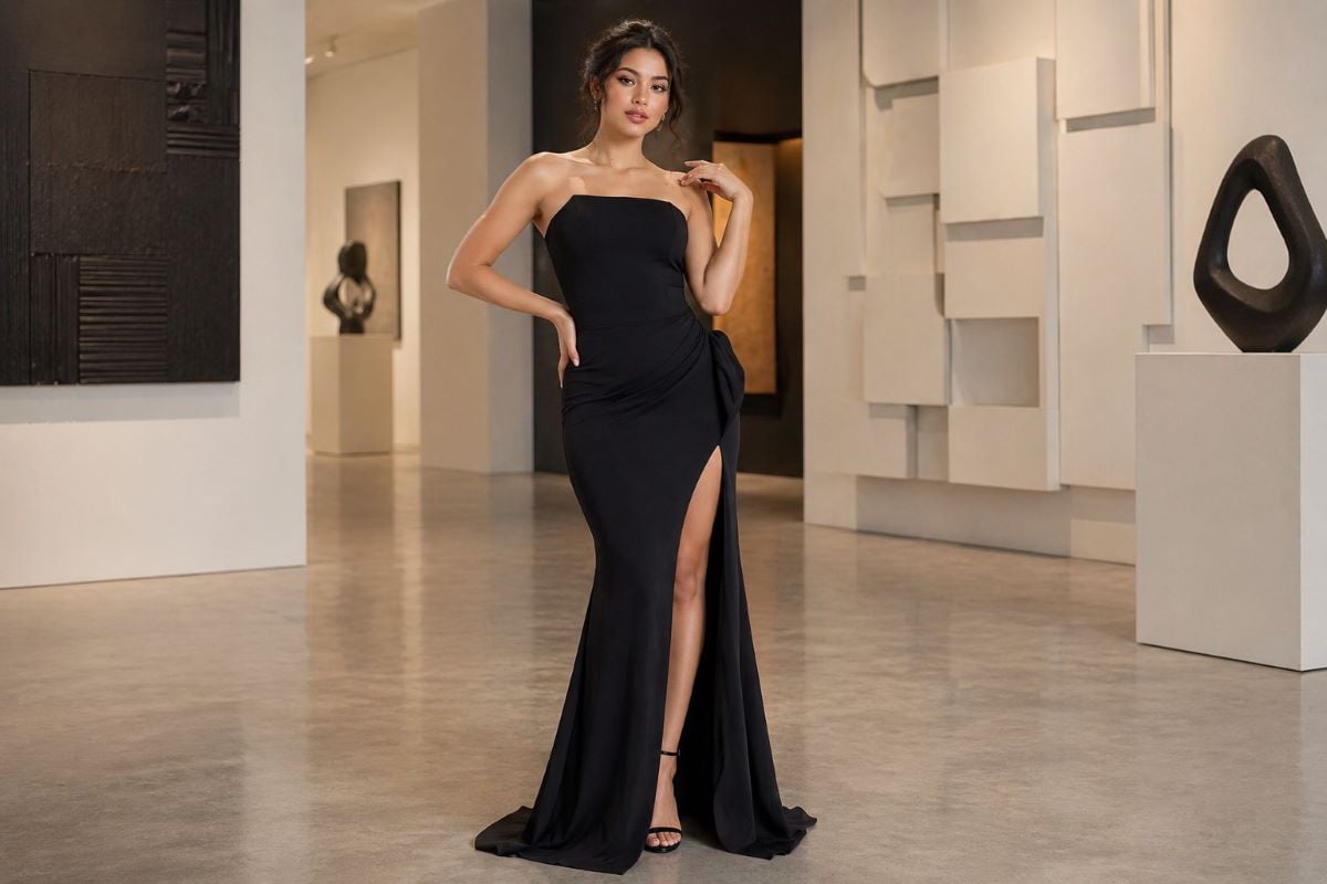 Black strapless fitted evening gown with high slit