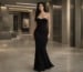black strapless fitted prom dress with crystal neckline