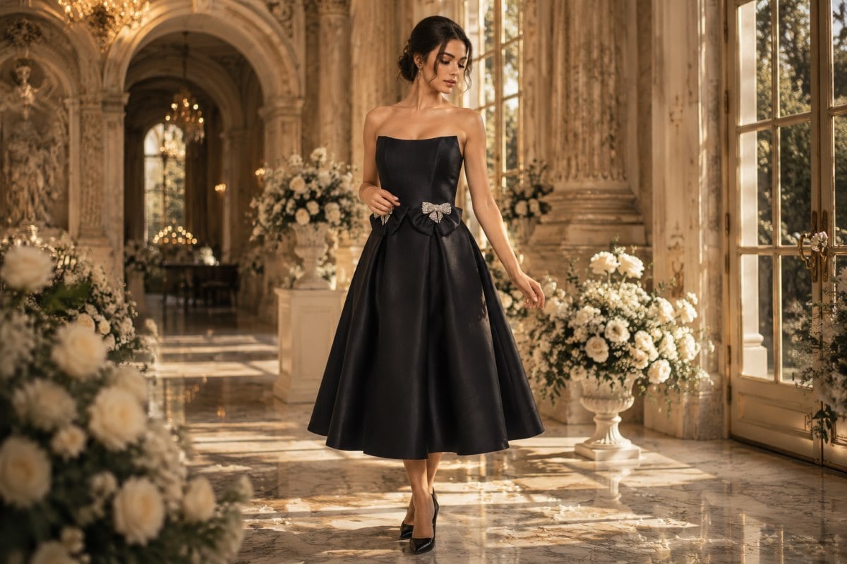 Black tea-length dress in luxury mansion setting