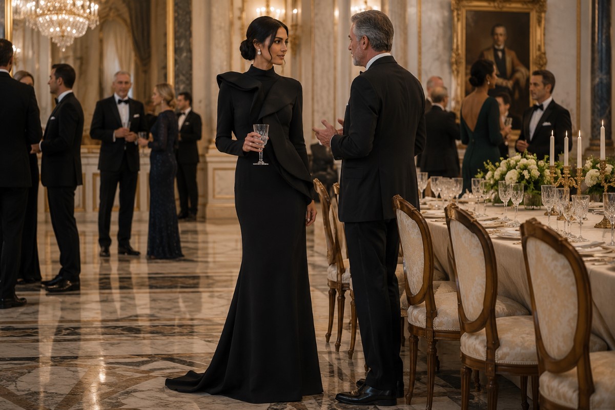 Black tie gown at embassy reception