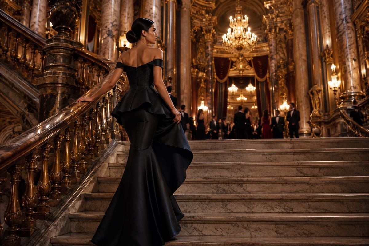 Black tie evening gown inside grand opera
