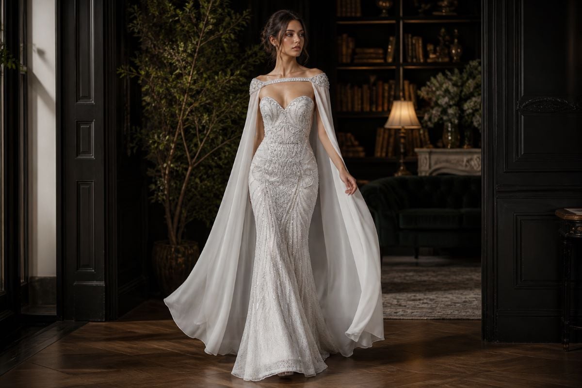 Beaded mermaid gown with cape for black tie wedding