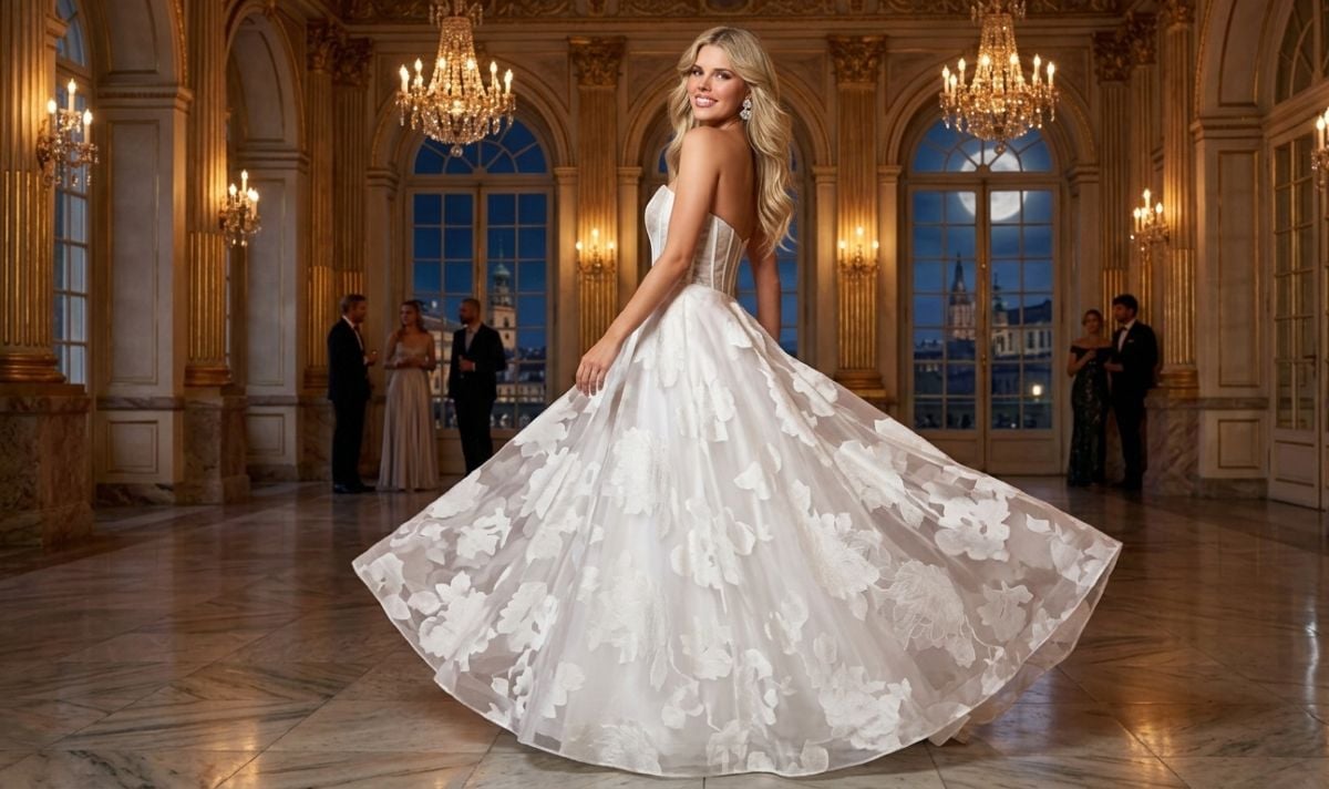 Woman in detailed floral gown