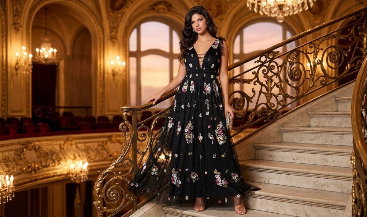 Black floral gown grand staircase