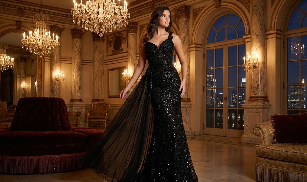 Woman in black sequin dress