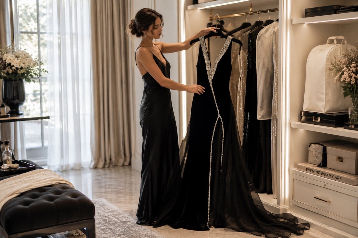 Black velvet gown airing after event