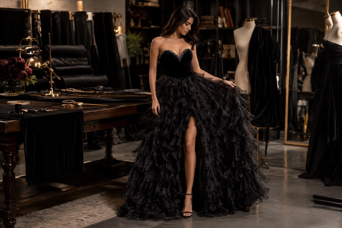 Black velvet gown in couture atelier