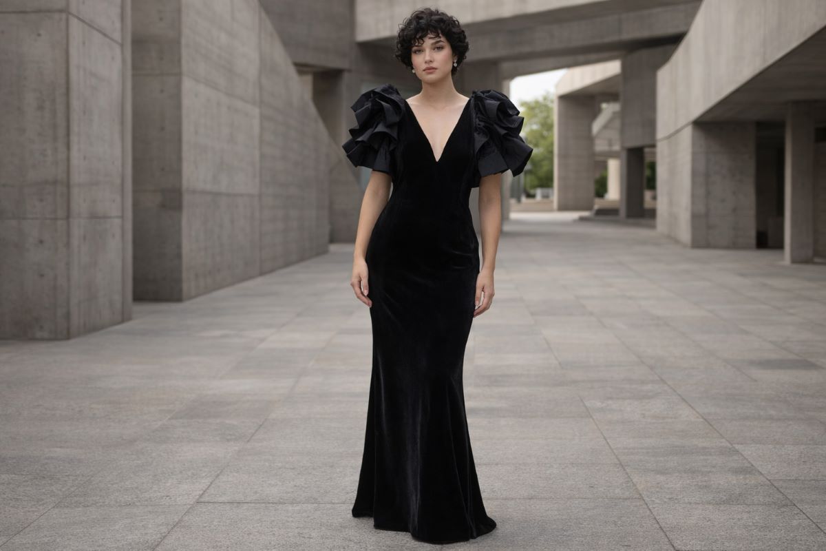 Black velvet gown with ruffled shoulders