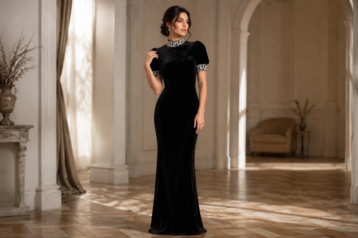 Black velvet high-neck crystal puff sleeve gown editorial