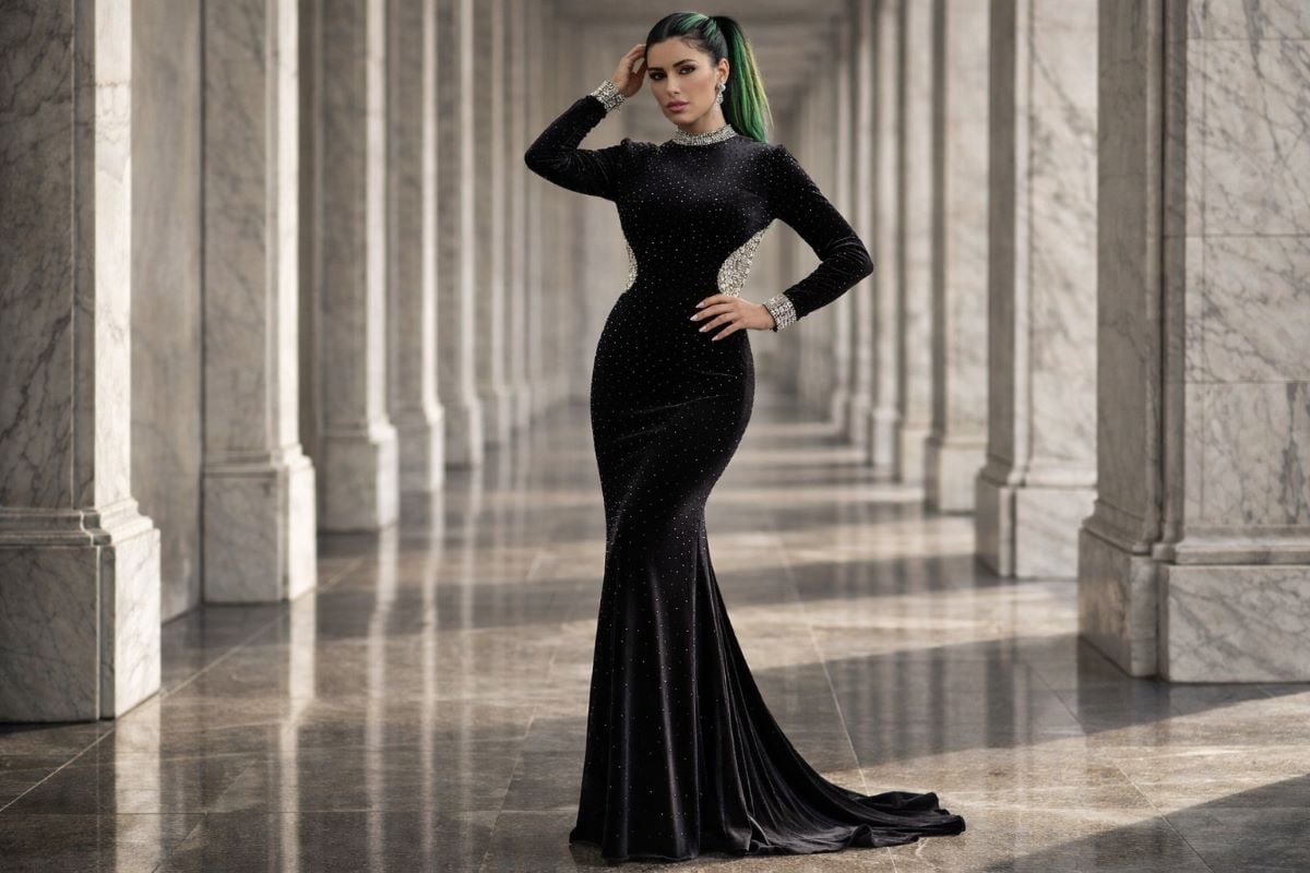 Black velvet mermaid gown with crystal details