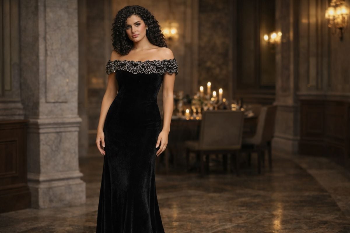Black velvet off-shoulder evening gown with embellished neckline