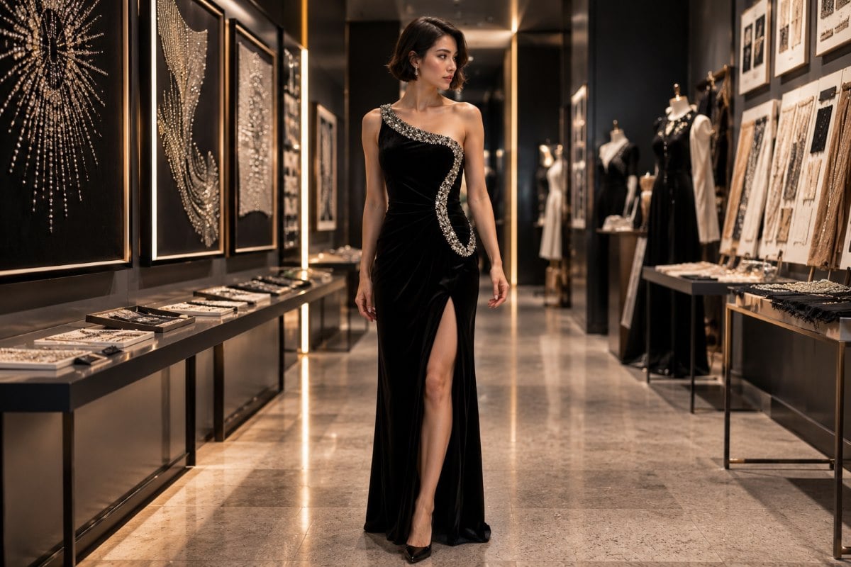 Black velvet one shoulder embellished gown