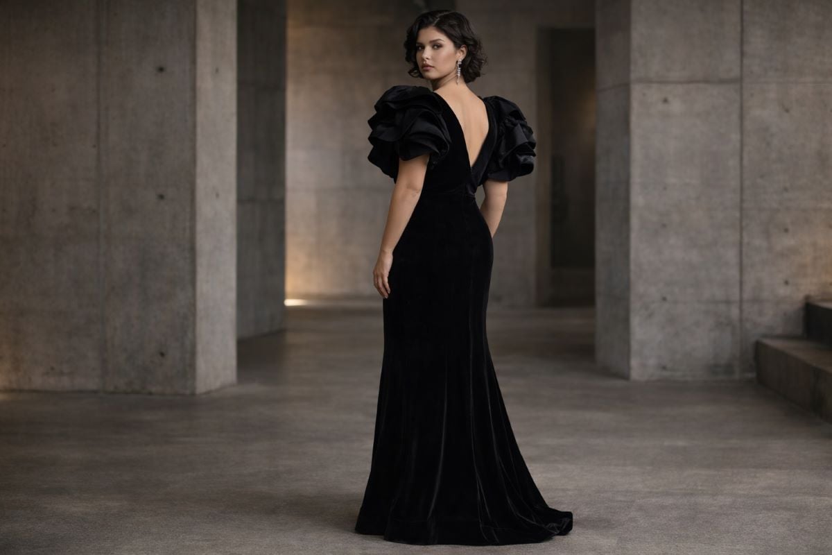 Black velvet plus size evening gown with dramatic sleeves full body