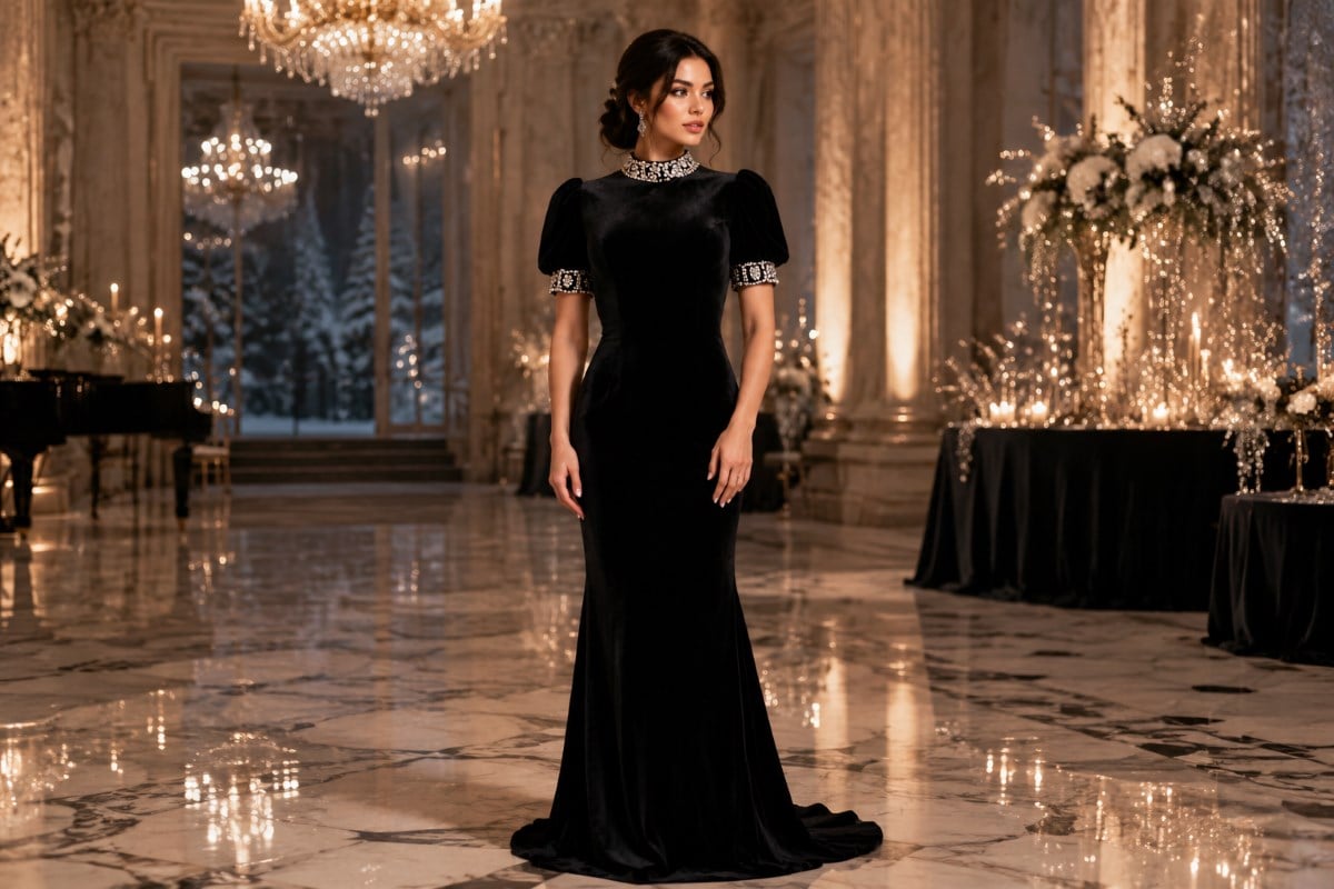 Elegant black velvet winter formal gown