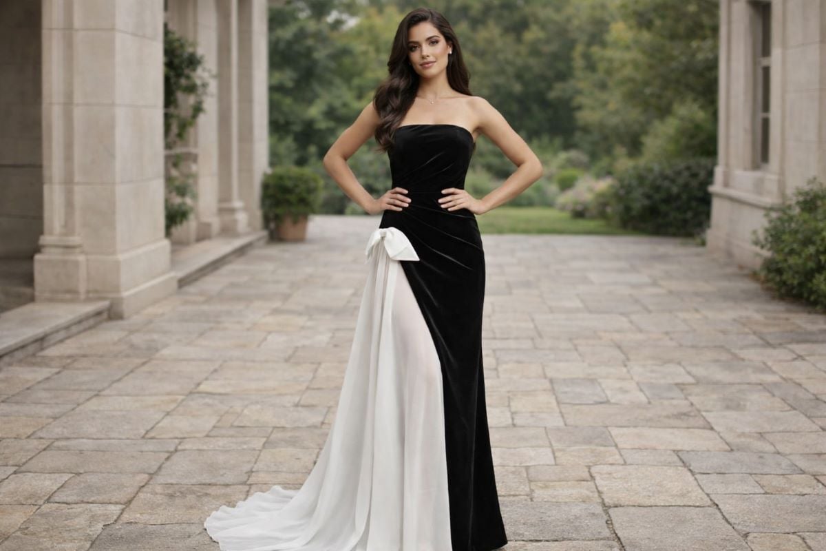 black and white strapless evening gown
