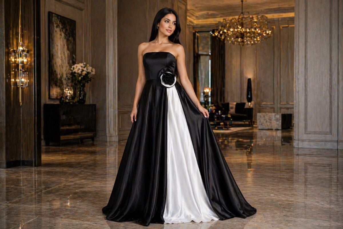 black and white strapless satin A-line evening gown with floral waist detail
