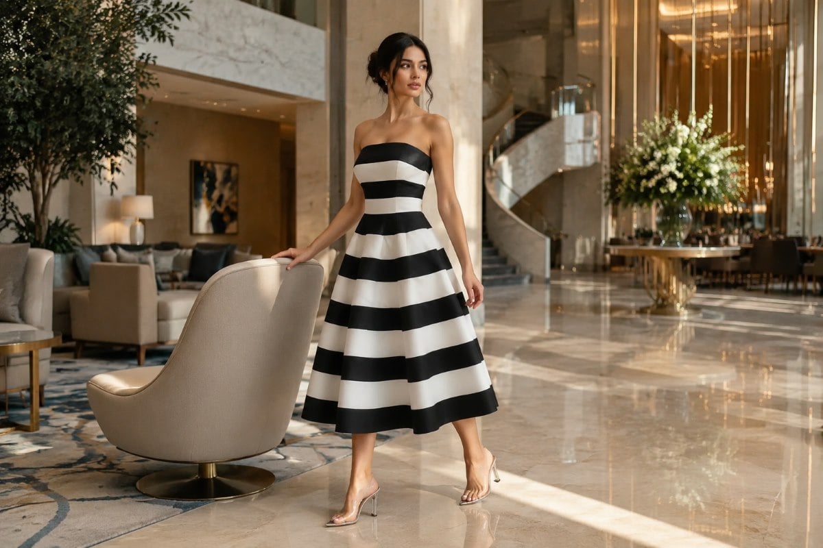 Black white striped semi formal dress