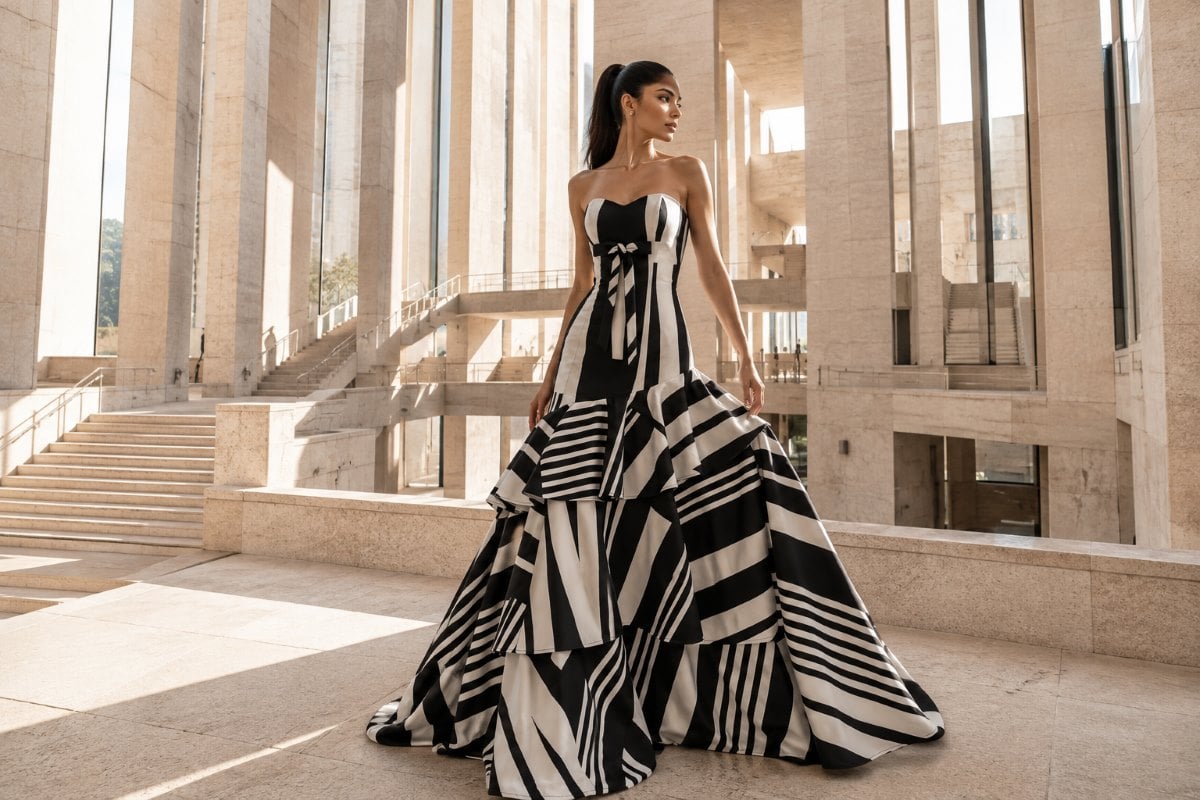 Black white vertical panel formal gown