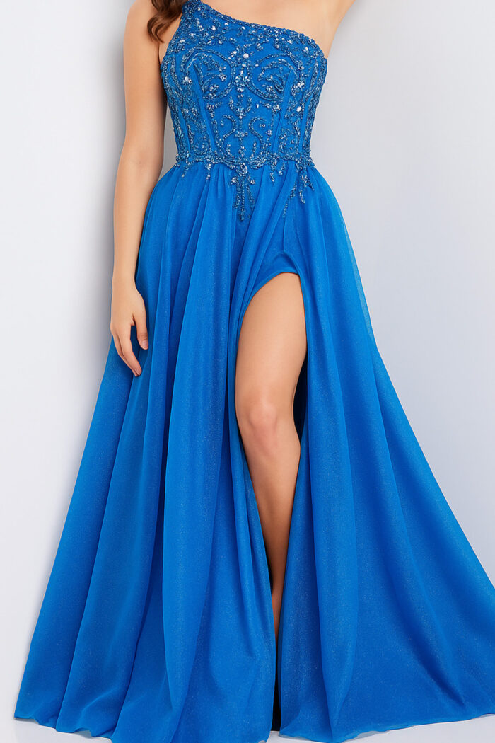 one shoulder dress with high slit in blue 25688