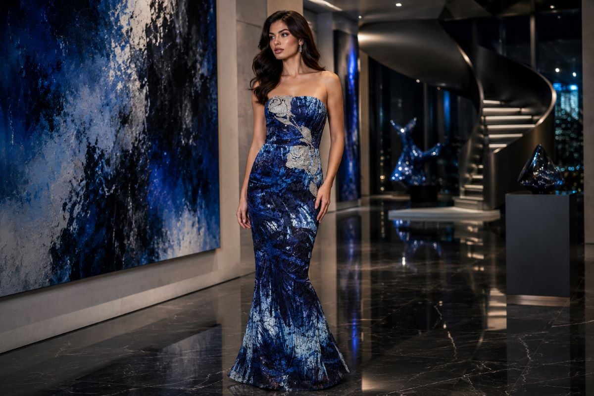 Blue abstract strapless contemporary evening gown