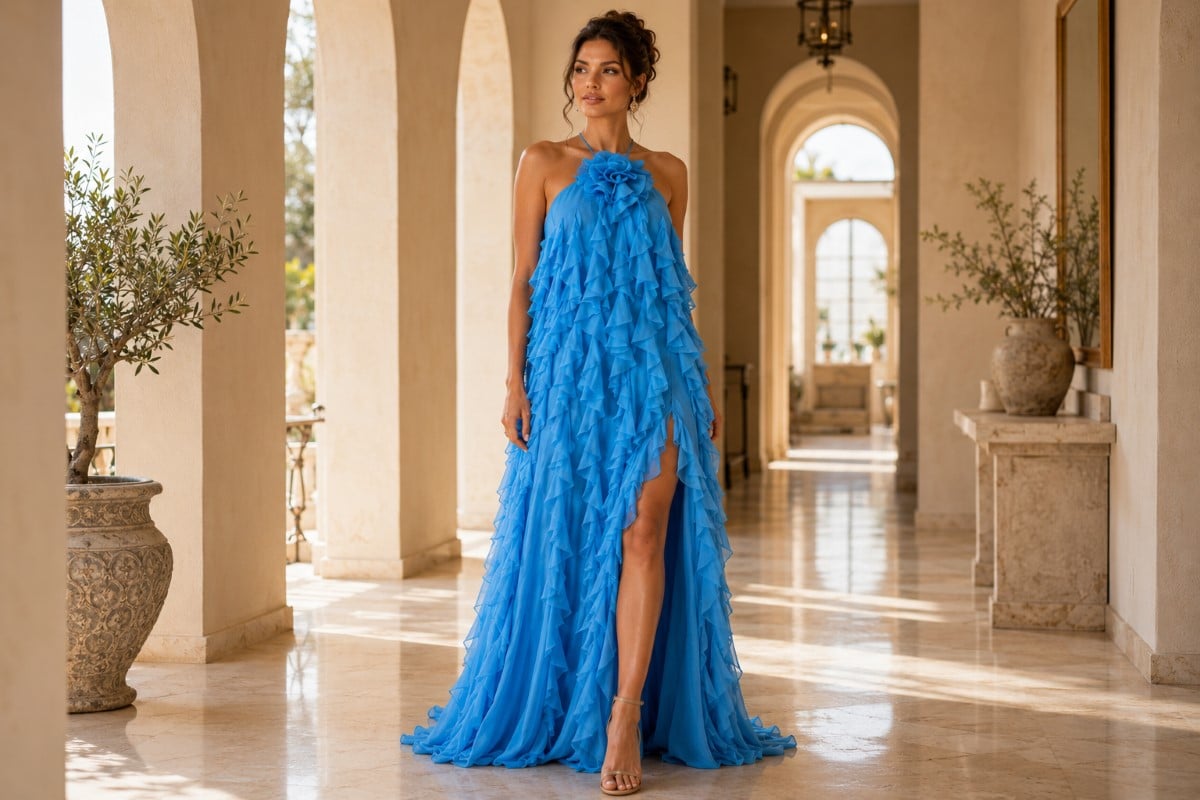 Layered blue chiffon mother of the bride gown with cascading ruffles