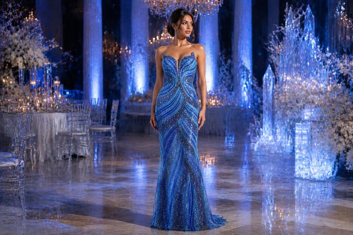 Blue crystal fire and ice prom gown