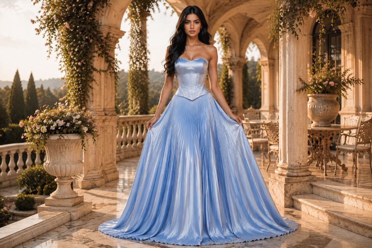 Blue drop waist pleated gown editorial style