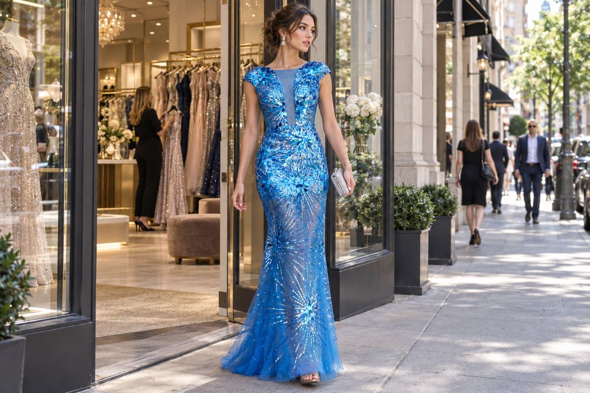 Blue embellished gown outside city boutique