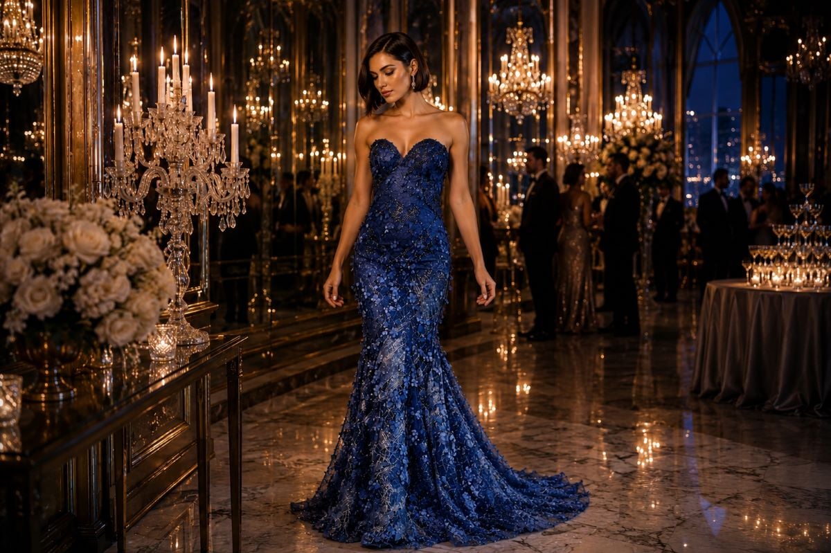 Blue embellished evening gown under candlelit ballroom lighting